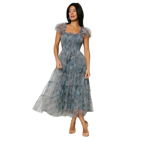 Baltic Born Clementine Floral Tiered Dress Small Mesh Smocked Milkmaid Fairy - Picture 2 of 16